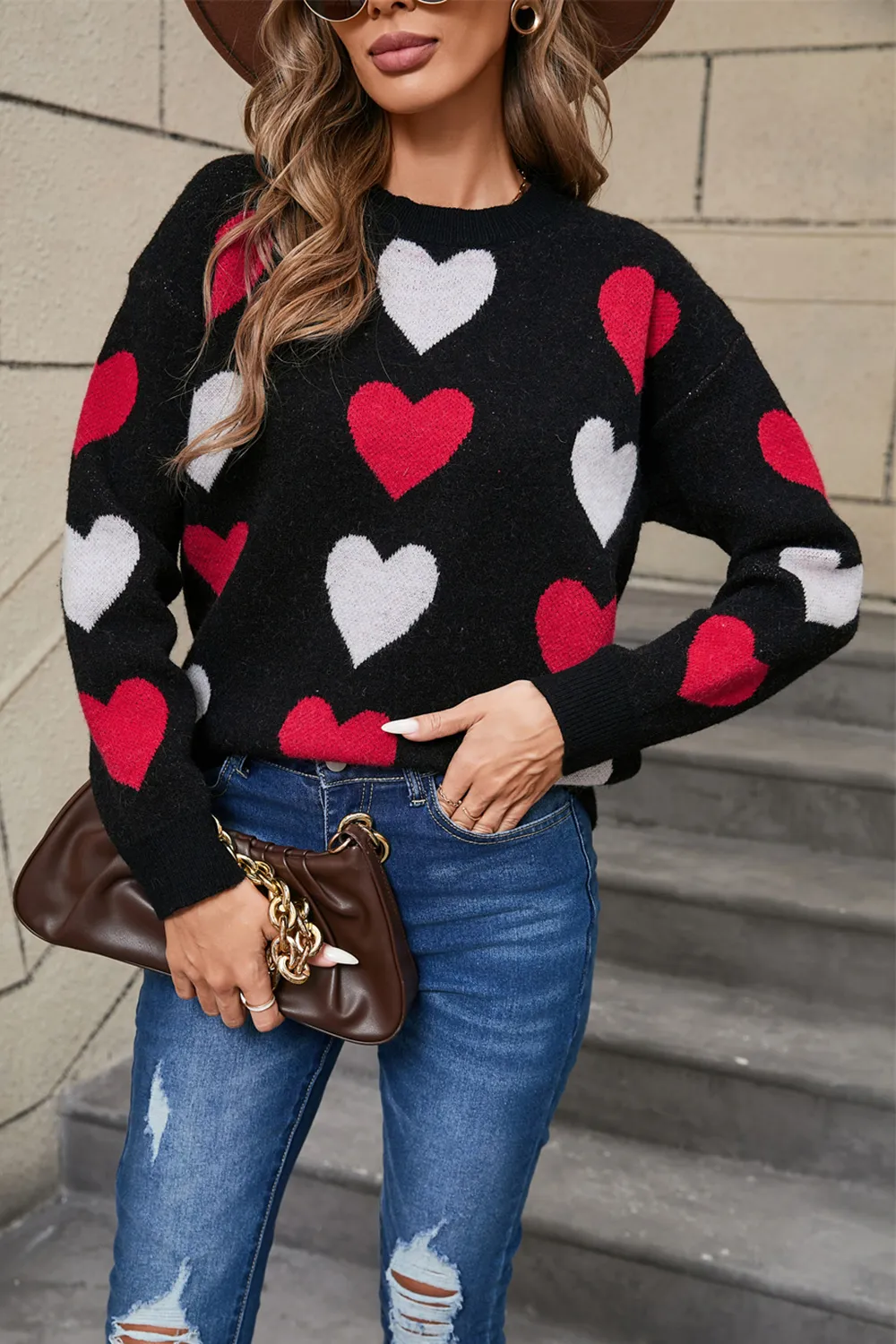 Heart Round Neck Long Sleeve Sweater, image 7