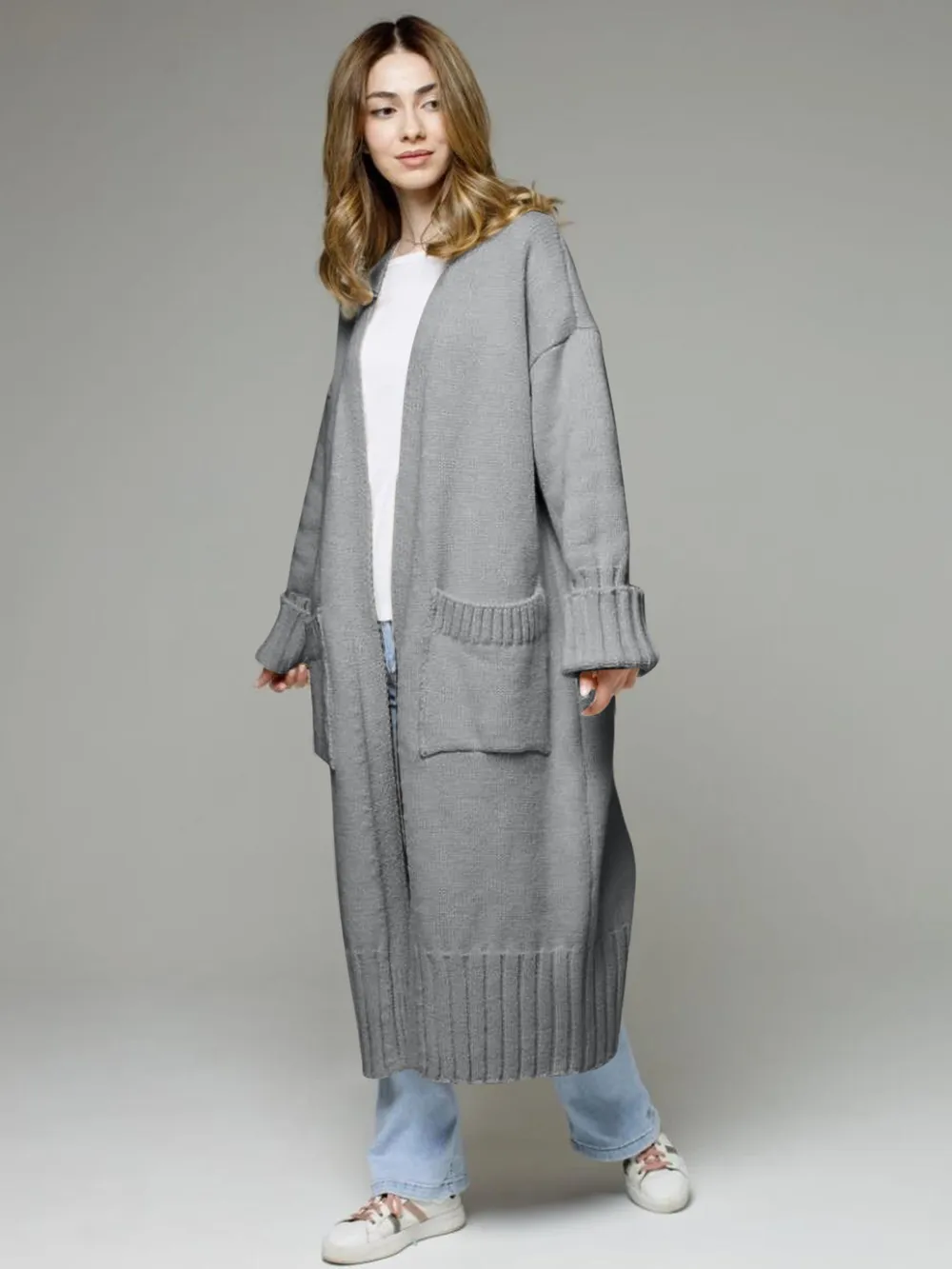 Pocketed Open Front Dropped Shoulder Cardigan, image 4