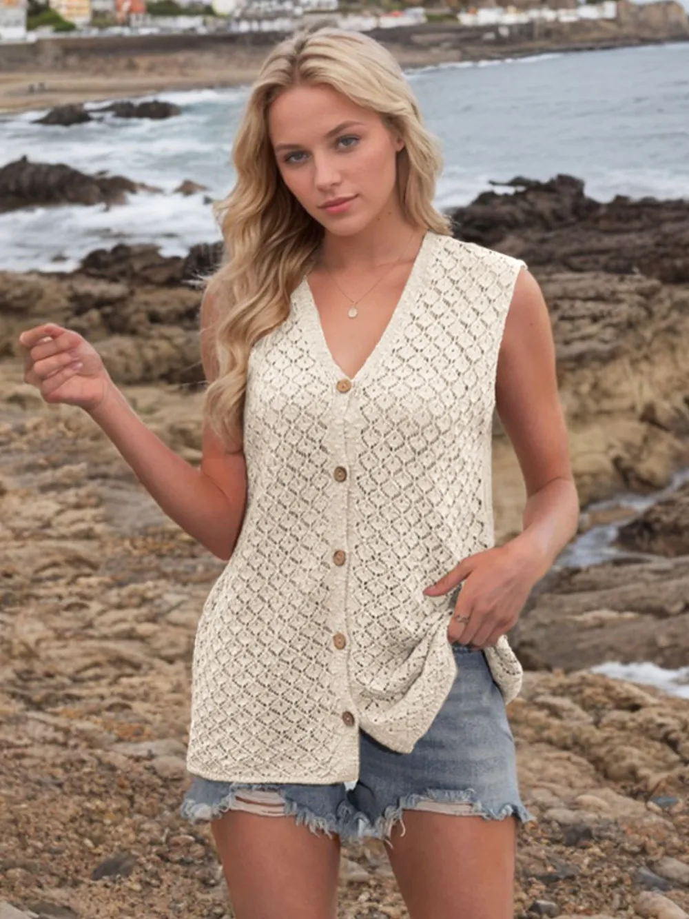 Button Down Eyelet V-Neck Sweater Vest, image 3