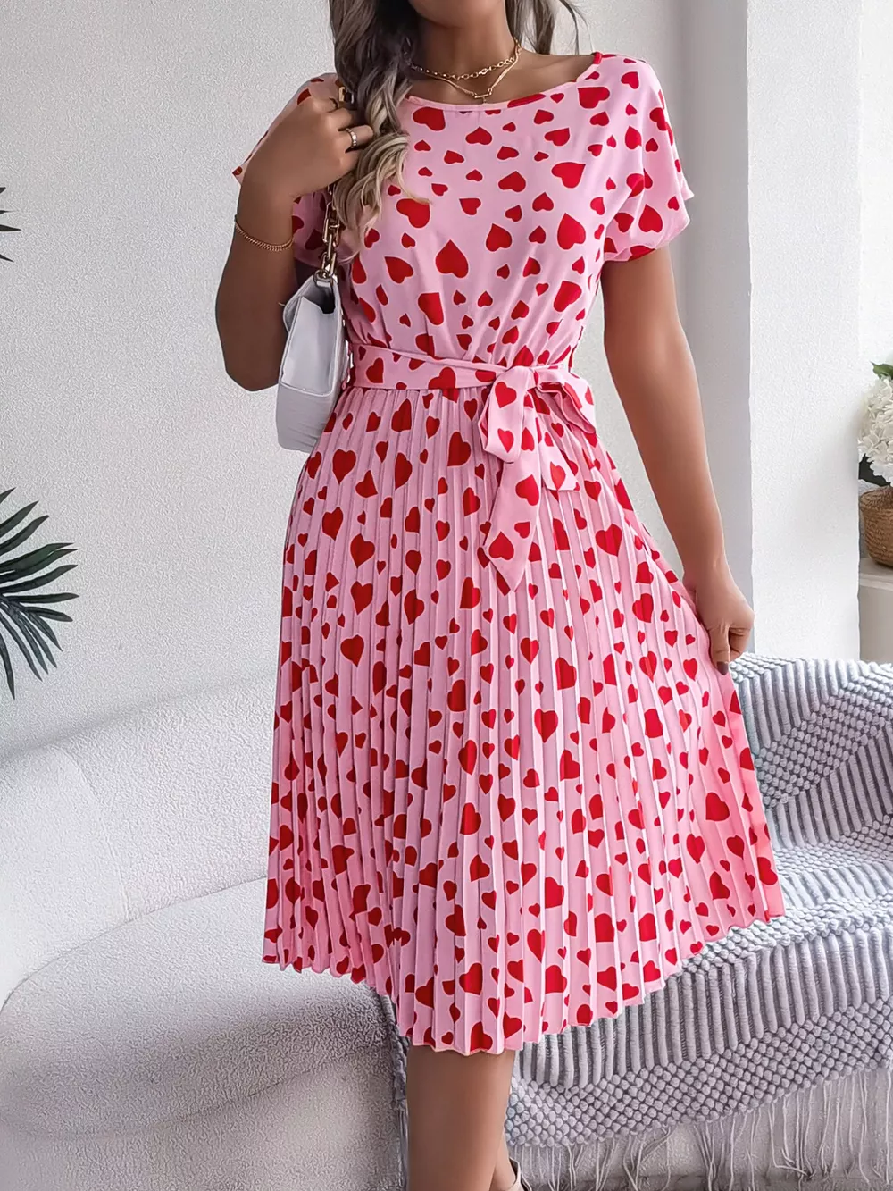 Heart Print Belted Pleated Midi Dress, image 6