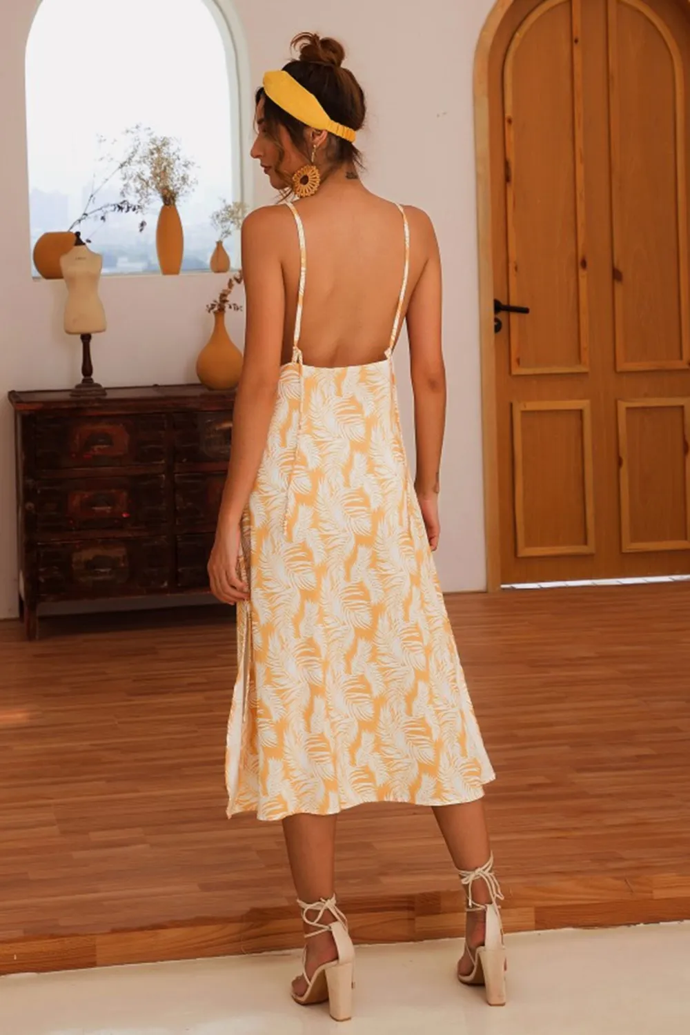 Slit Crisscross Printed Sleeveless Cami Dress, image 4
