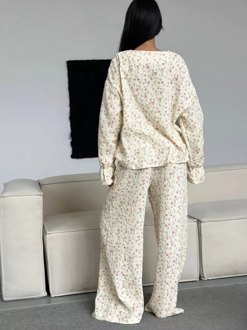 Floral Print Button-Down Top and Pants Lounge Set, image 4