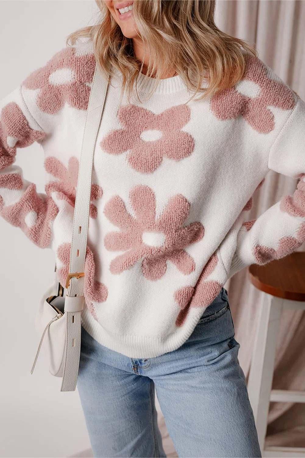 Flower Round Neck Long Sleeve Knit Top, image 5