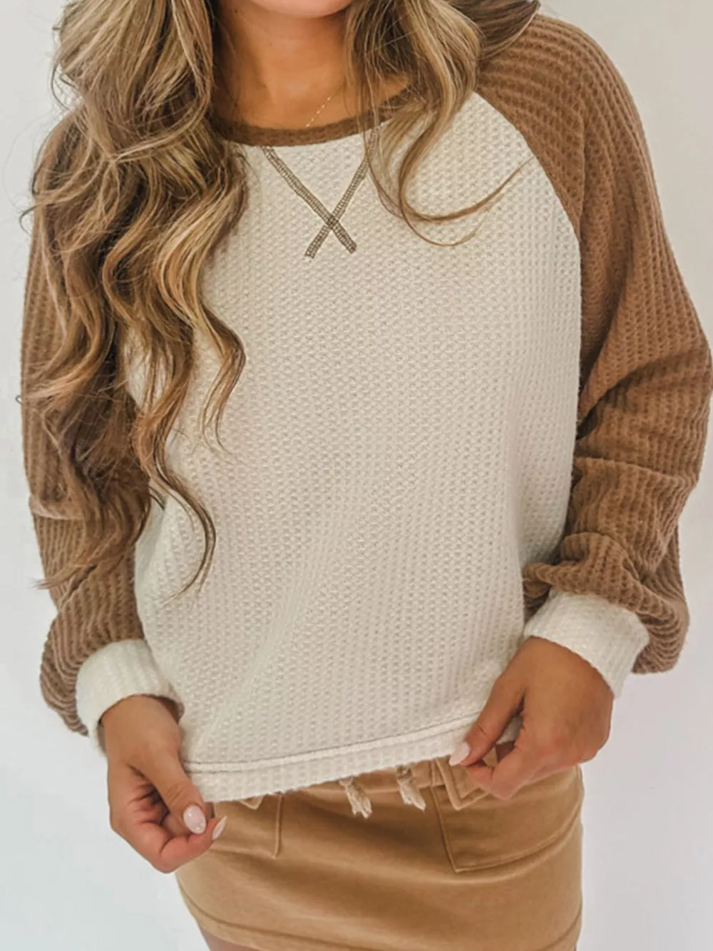 Waffle Knit Raglan Sleeve Top, image 3