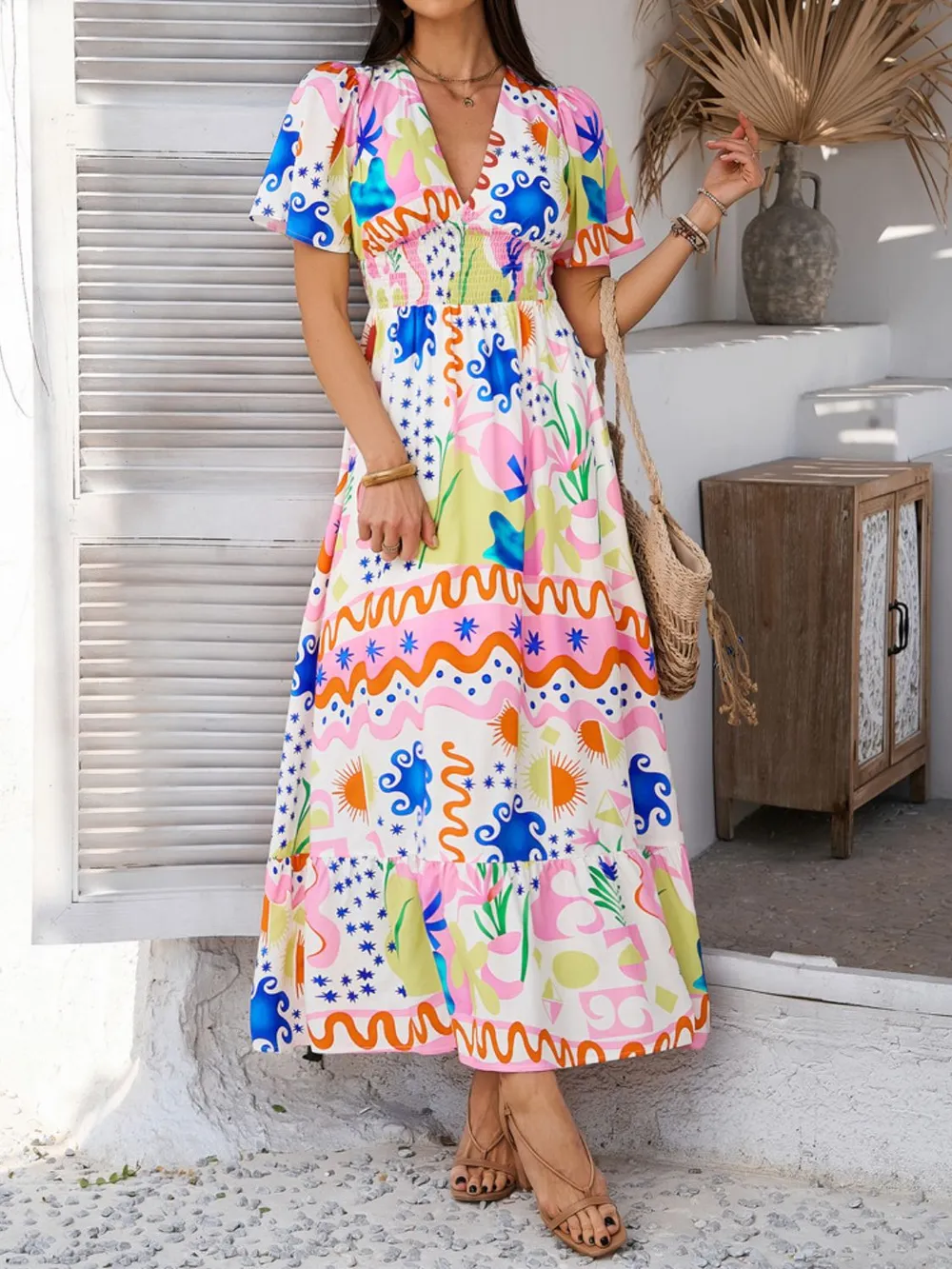 Smocked Printed V-Neck Short Sleeve Maxi Dress, image 8
