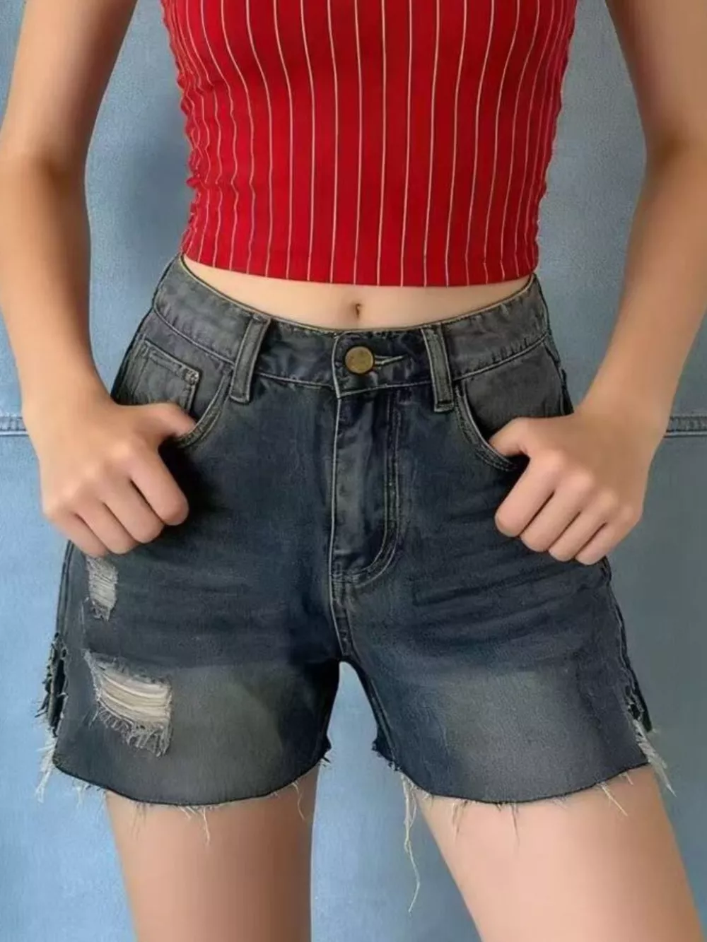 Distressed Slit Denim Shorts, image 9