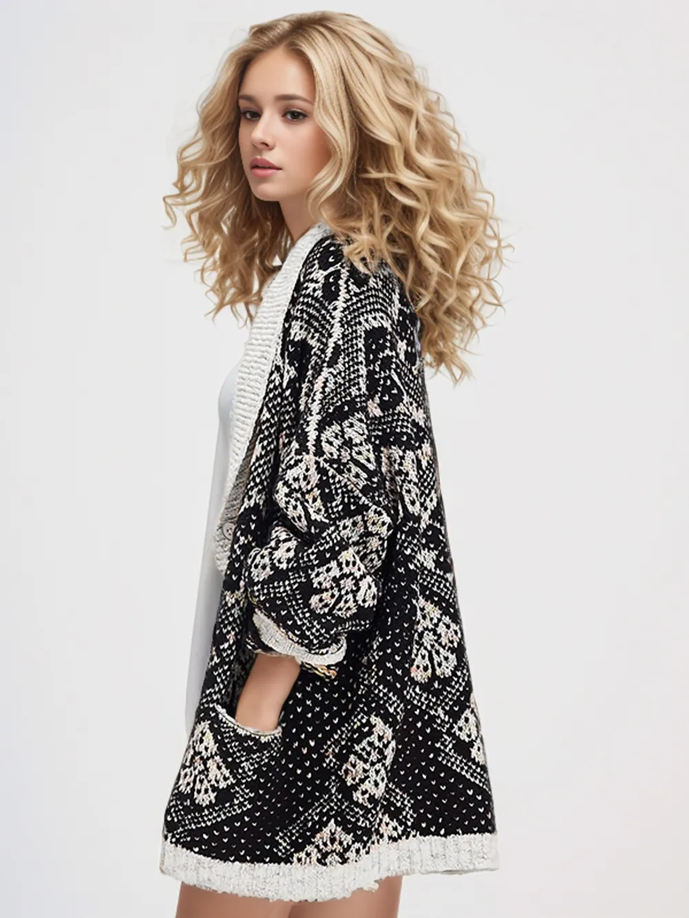 Open Front Long Sleeve Graphic Cardigan, image 3