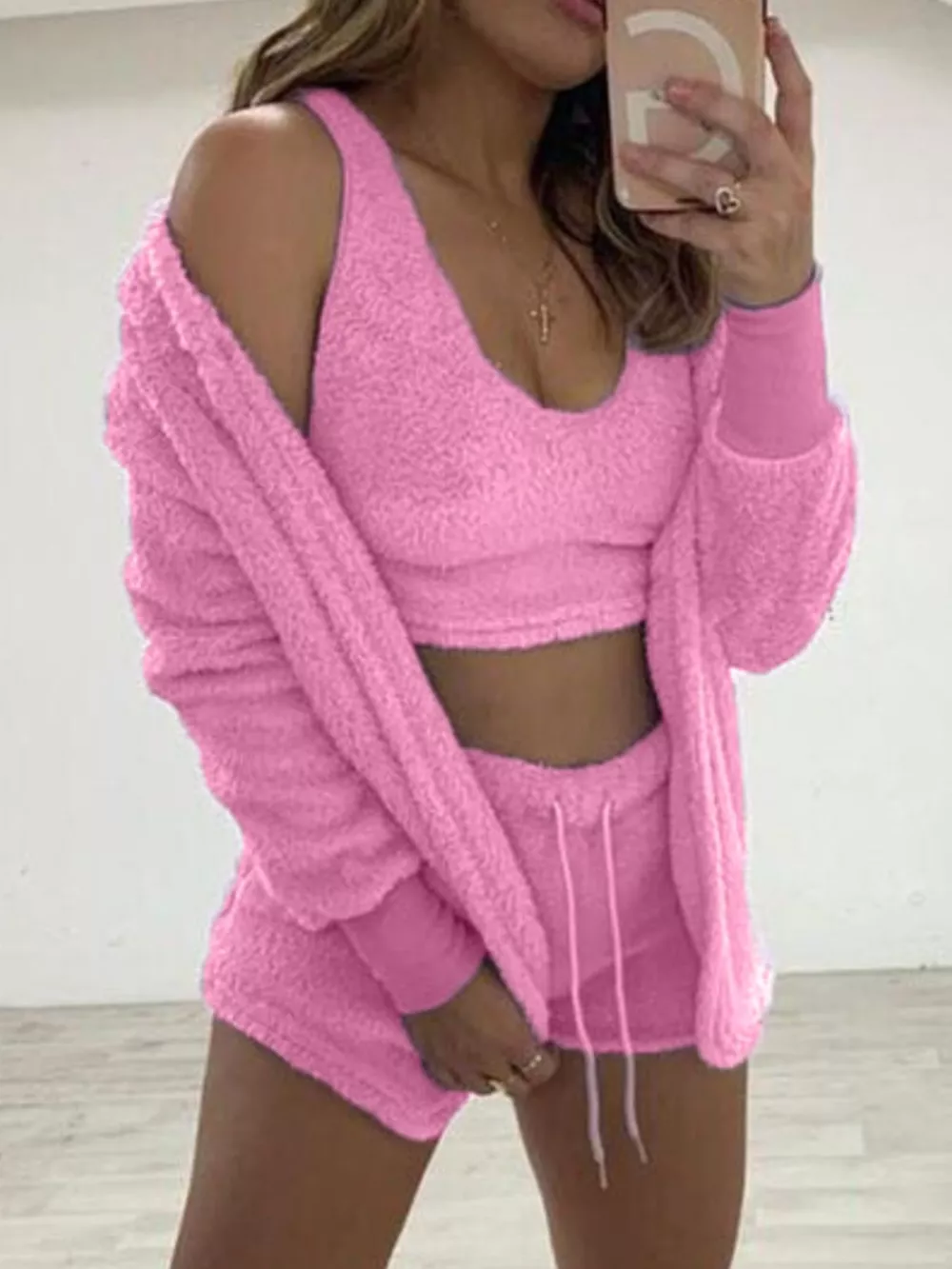 Full Size Fuzzy Tank & Cardigan and Shorts Three-Piece Set Plus Size, image 4