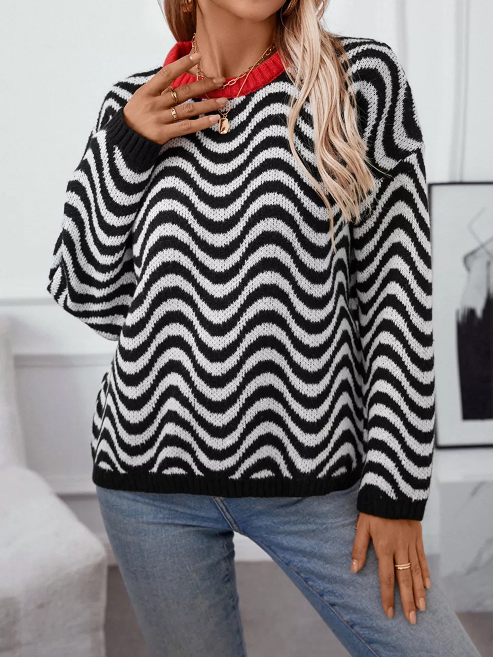 Wavy Striped Round Neck Sweater, image 11
