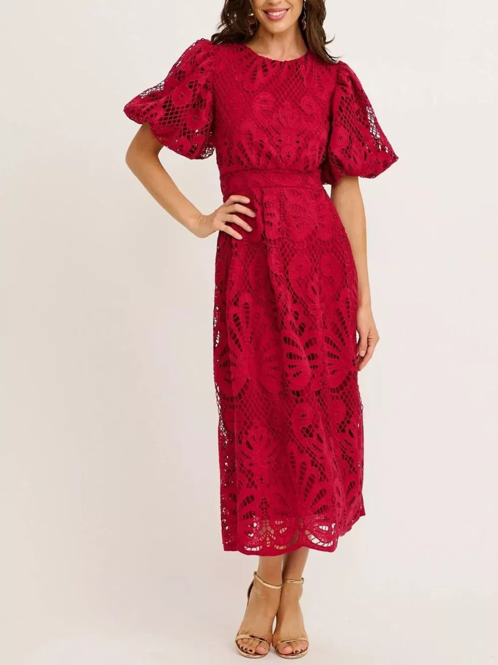 Lace Puff Sleeve Midi Dress, image 8