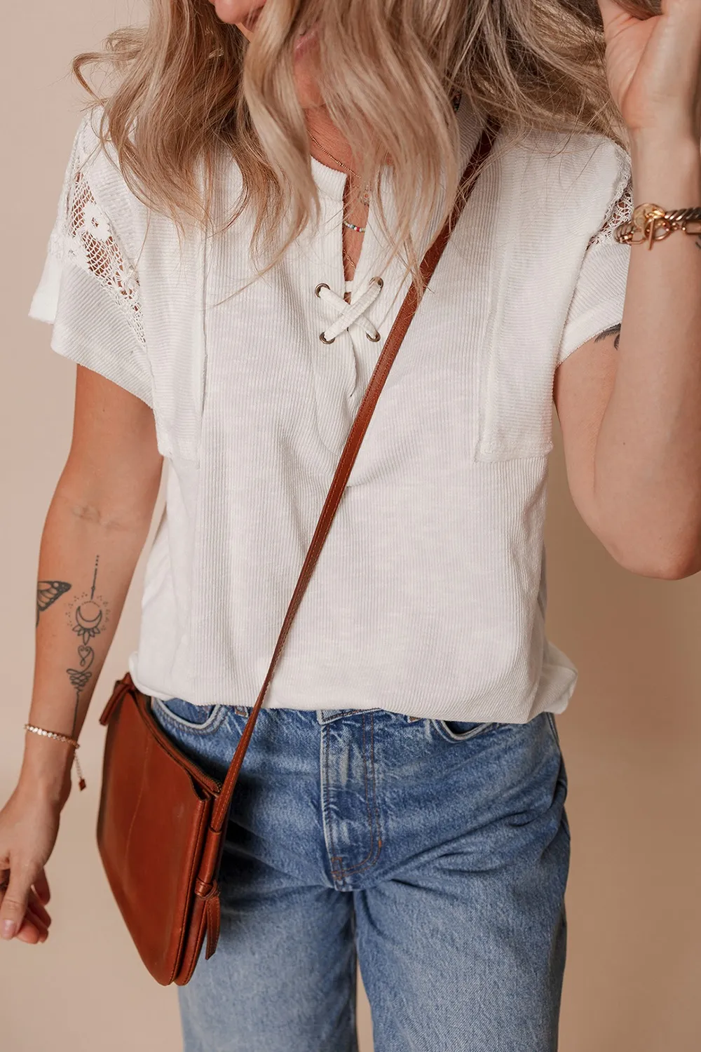 Ribbed Texture Lace Patchwork Short Sleeve Top, image 9