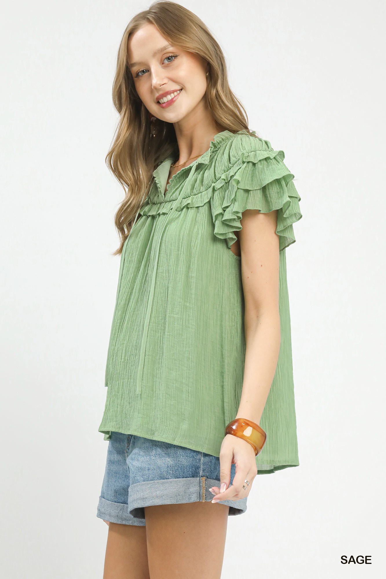 Ruffled Flutter Sleeve Textured Blouse, image 2