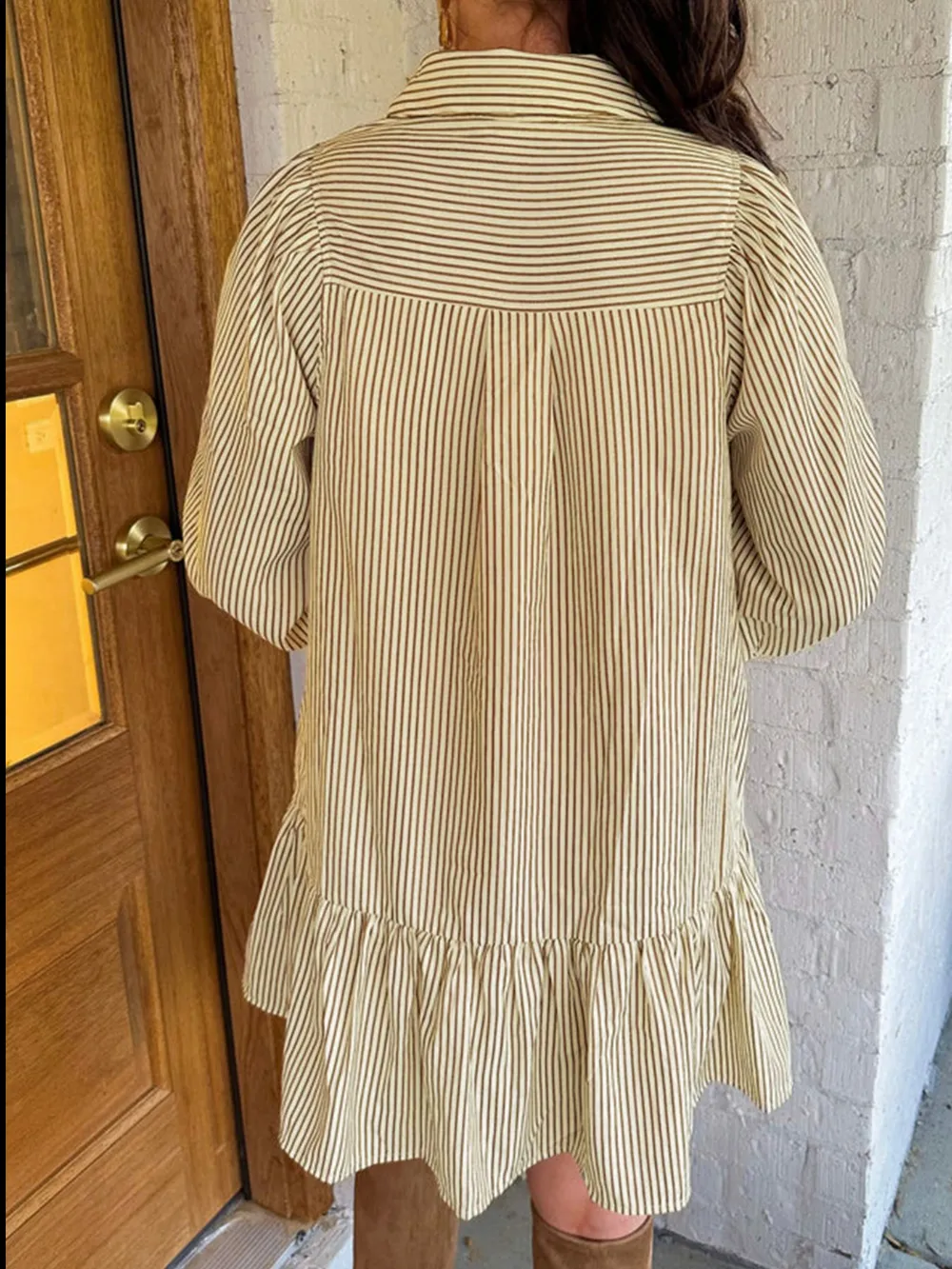 Stripe Collared Neck Cuffed Long Sleeve Drop Waist Mini Dress, image 5