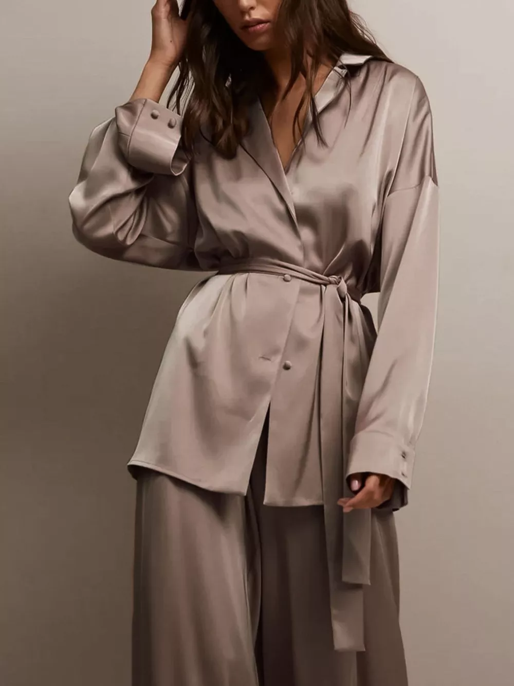 Satin Long Sleeve Shirt and Pants Set, image 15