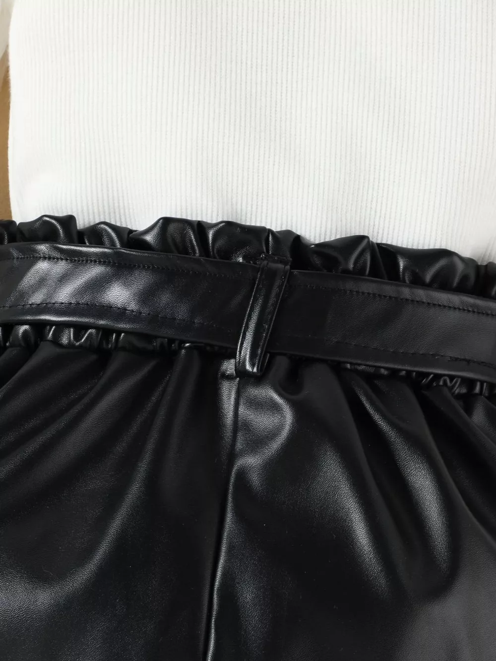 Children's Ruffled Pearl Embellished Top & Faux Leather Shorts Set with Belt, image 5