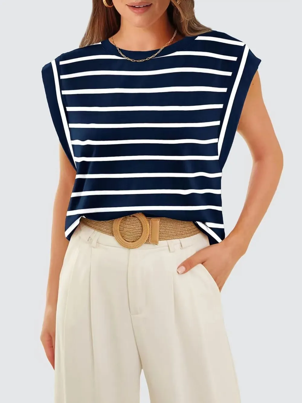 Striped Round Neck Cap Sleeve T-Shirt, image 11