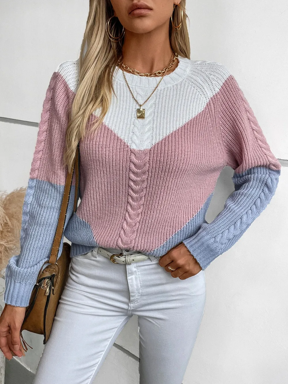 Color Block Round Neck Long Sleeve Sweater, image 2