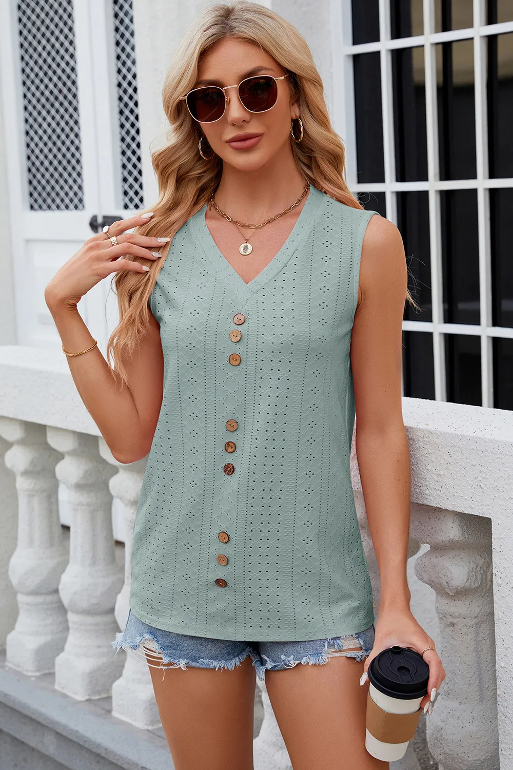 Decorative Button Eyelet V-Neck Tank, image 13