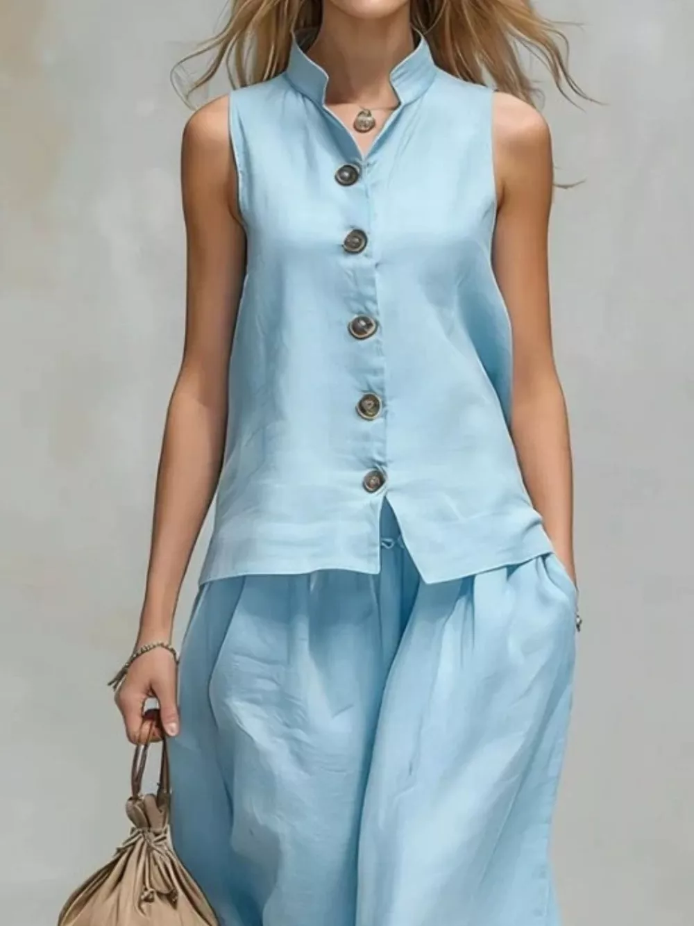 Sleeveless Button-Down Top and Wide-Leg Pant Set, image 6