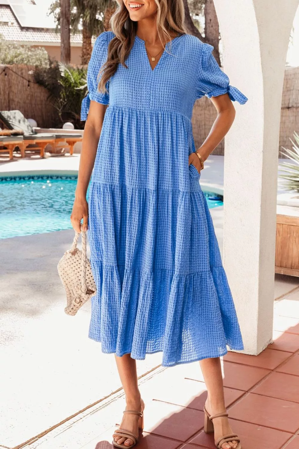 Notched Short Sleeve Tiered Midi Dress, image 4