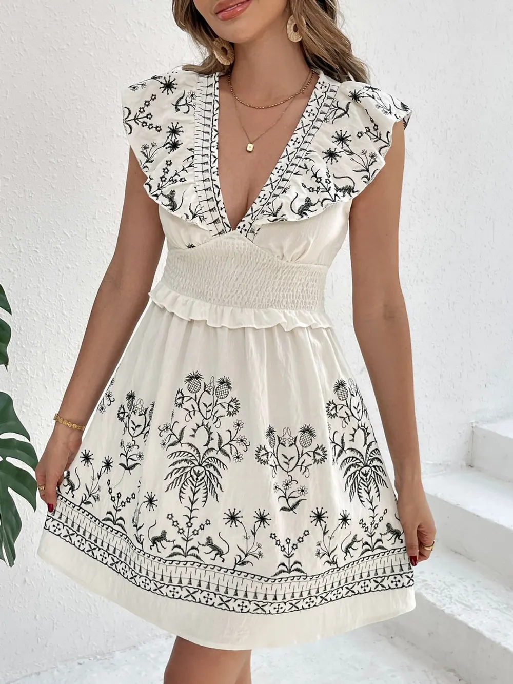 Smocked Ruffled Cap Sleeve Mini Dress