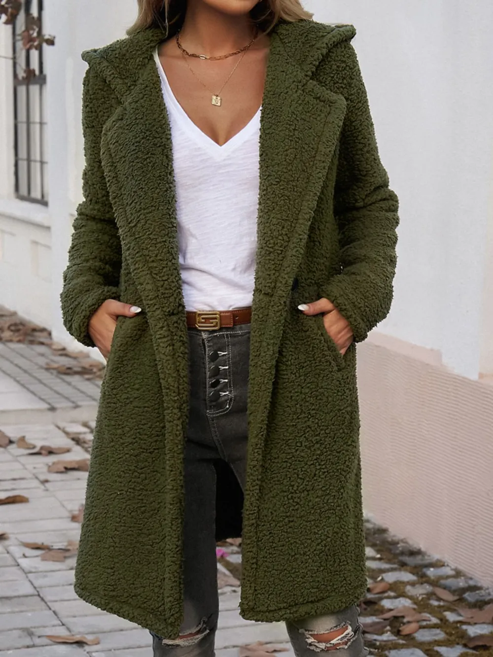 Pocketed Long Sleeve Hooded Teddy Coat, image 3