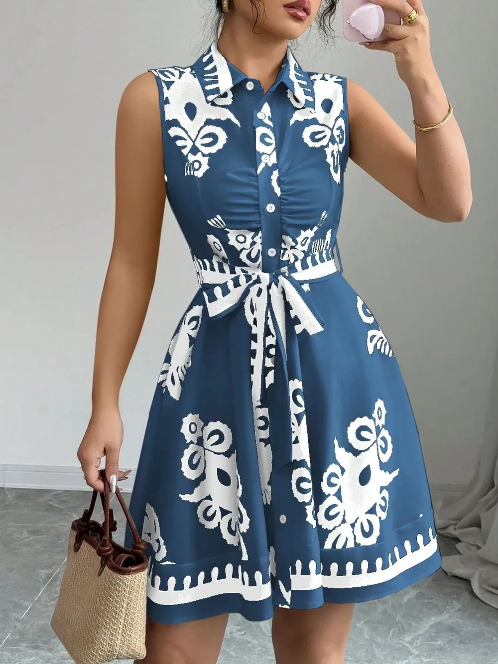 Printed Sleeveless Tie Waist Mini Dress, image 5