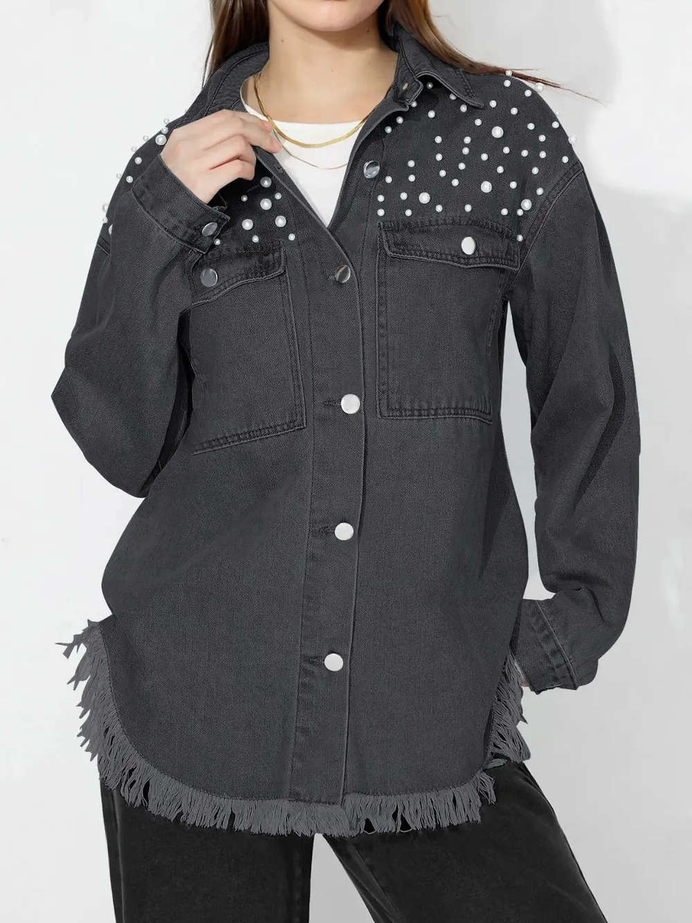 Raw Hem Pearl Trim Collared Neck Denim Top, image 11