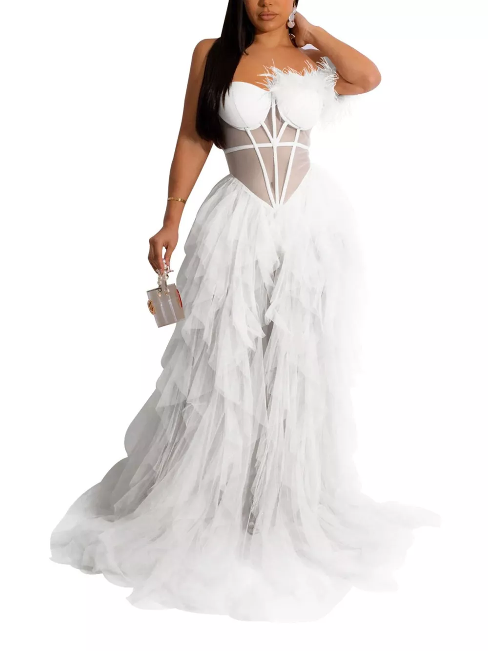 Feathered Corset Tulle Evening Dress, image 9