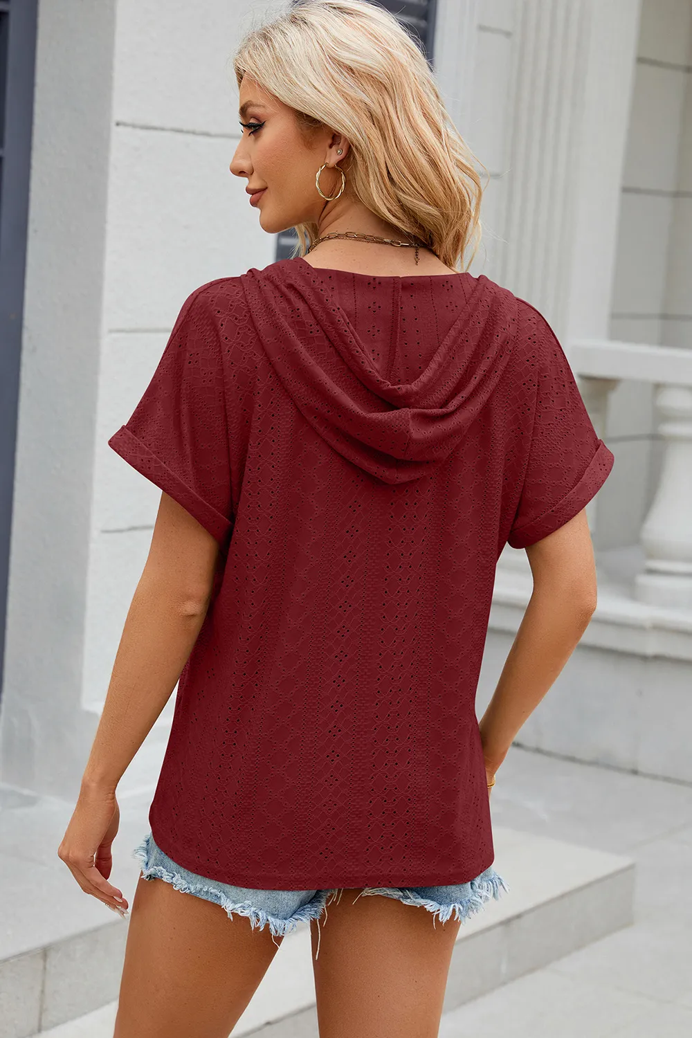 Eyelet Drawstring Hooded Short Sleeve Blouse, image 9