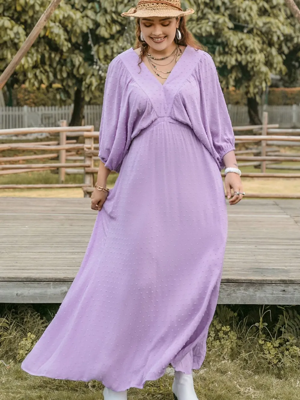 Plus Size Swiss Dot V-Neck Midi Dress, image 3