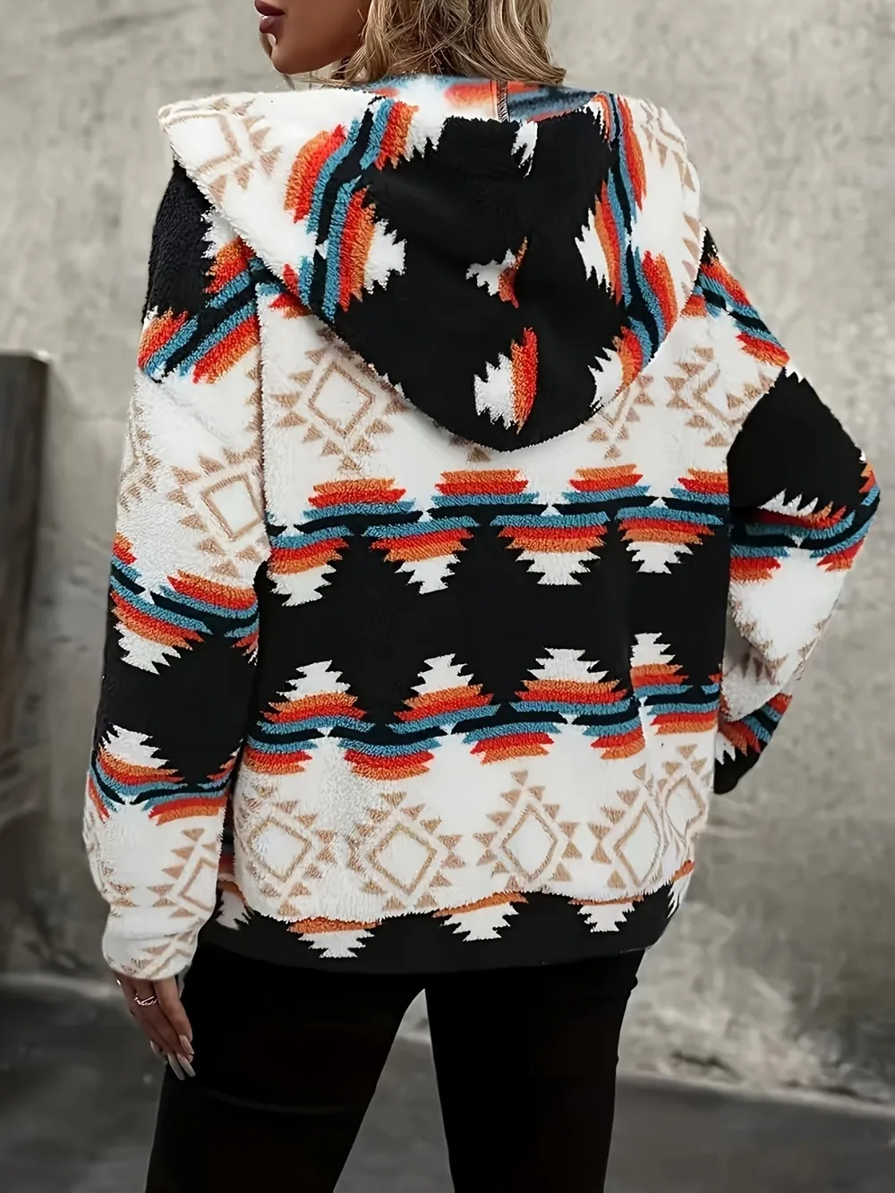 Geometric Zip Up Hooded Sherpa Jacket, image 4