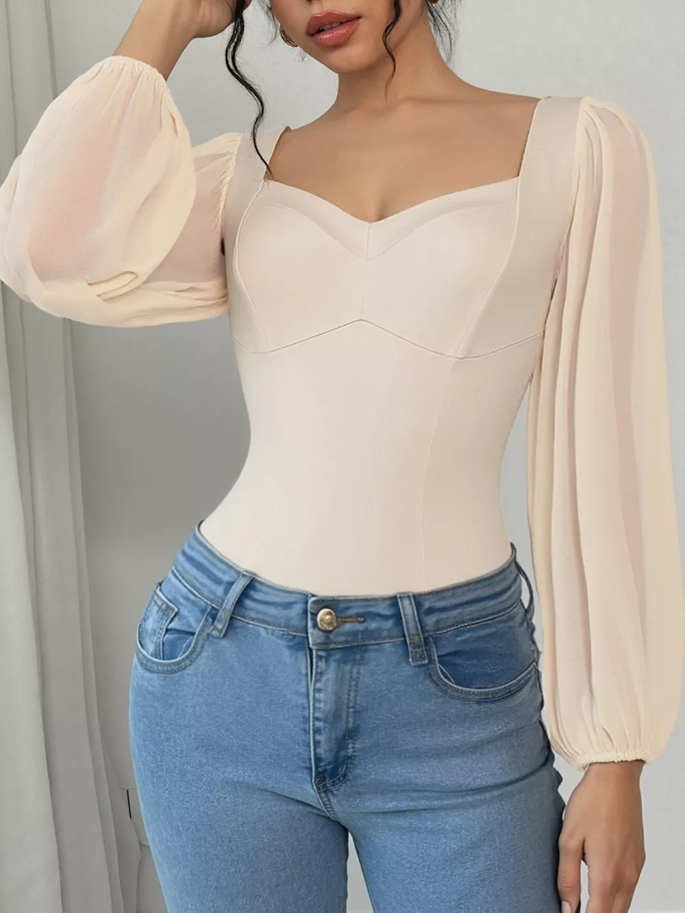 Sweetheart Neck Balloon Sleeve Bodysuit, image 5