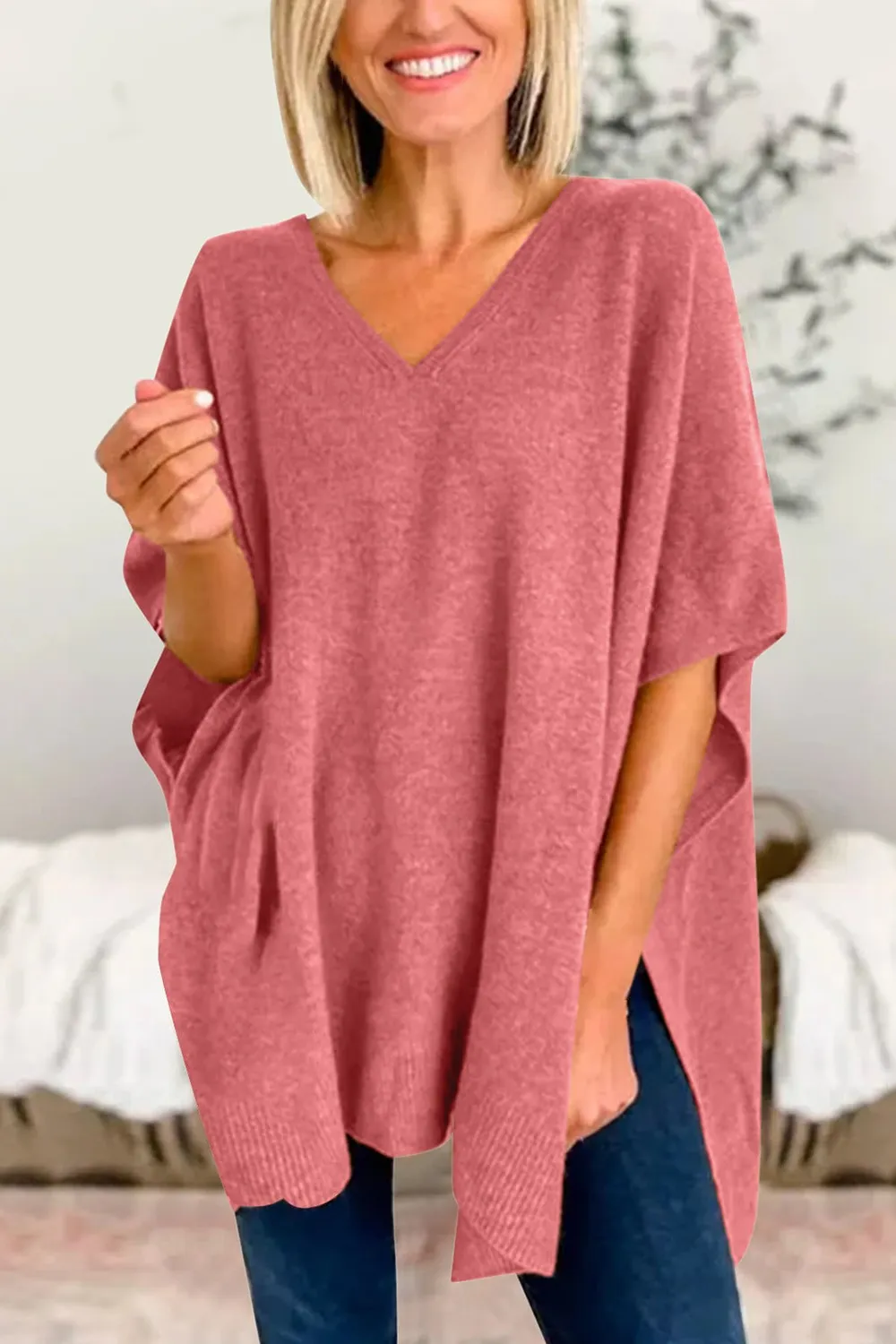 Slit V-Neck Half Sleeve Knit Top, image 28
