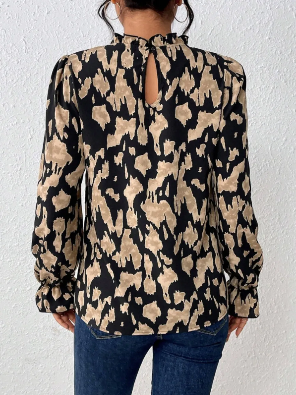 Frill Leopard Mock Neck Flounce Sleeve Blouse, image 3
