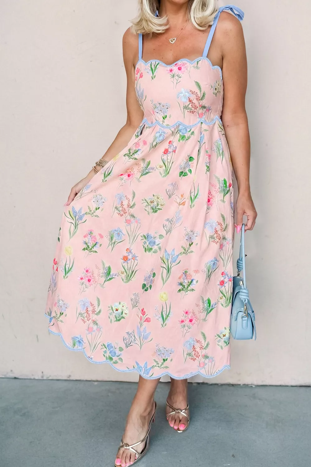 Floral Print Contrast Trim Self-tie Straps High Waist Midi Dress, image 3