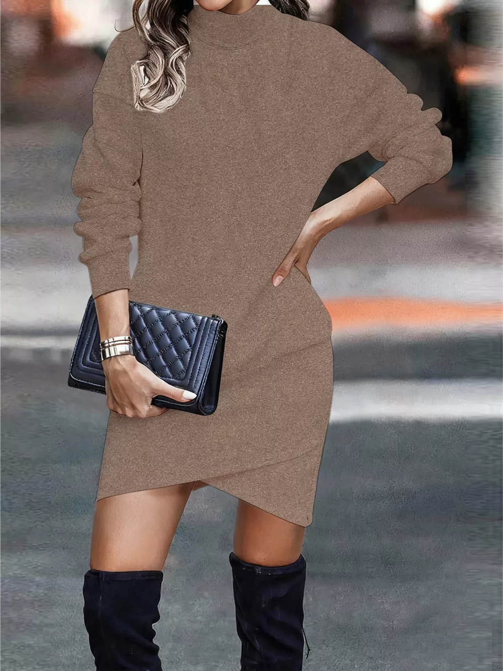 Turtleneck Long Sleeve Asymmetrical Hem Mini Dress, image 10