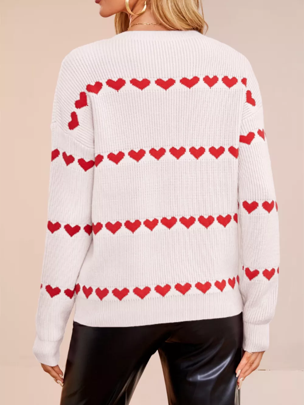 Heart Pattern Dropped Shoulder Sweater, image 4