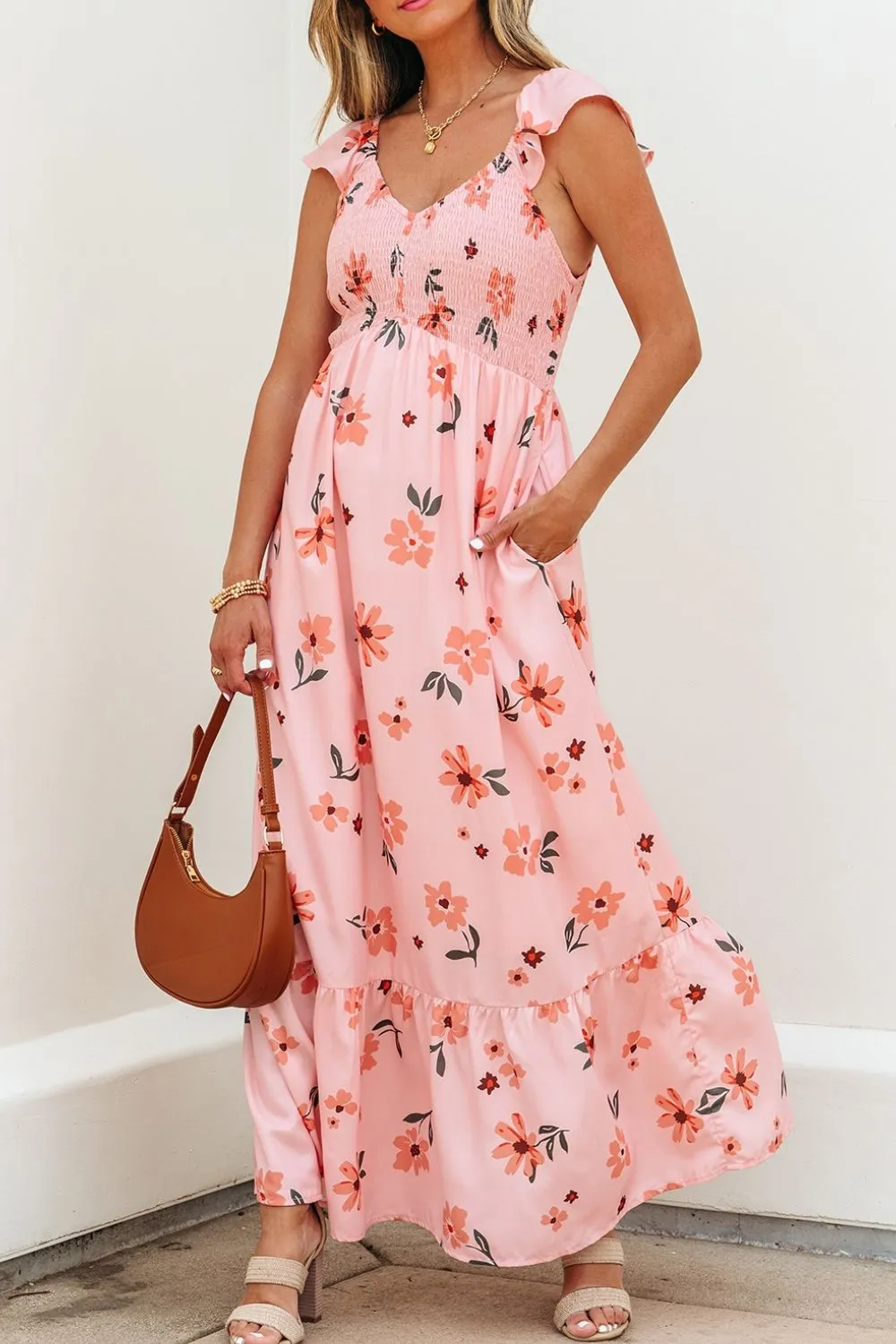 Ruffled Smocked Cap Sleeve Printed Maxi Dress, image 4