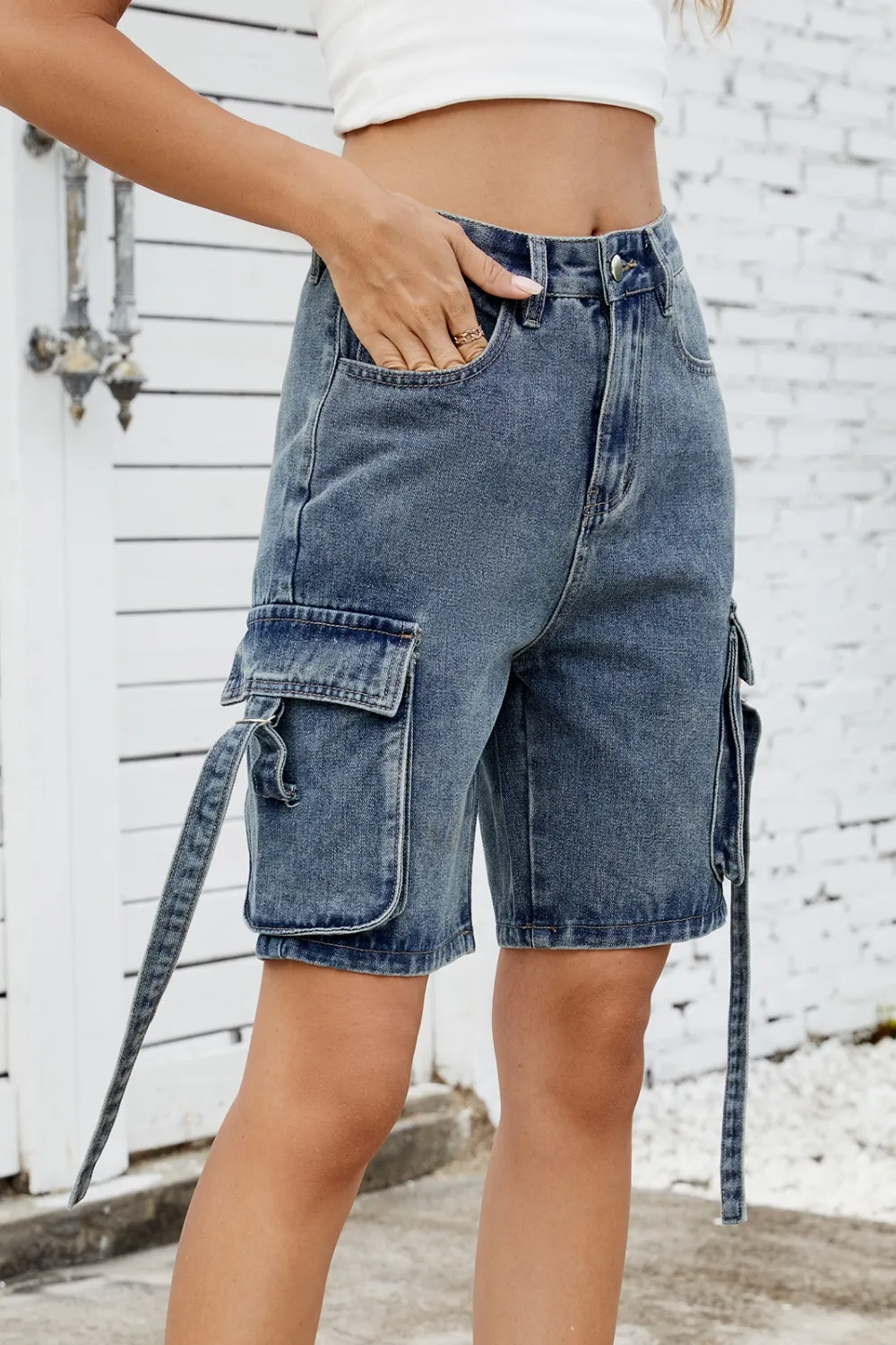 Washed Cargo Denim Shorts, image 10