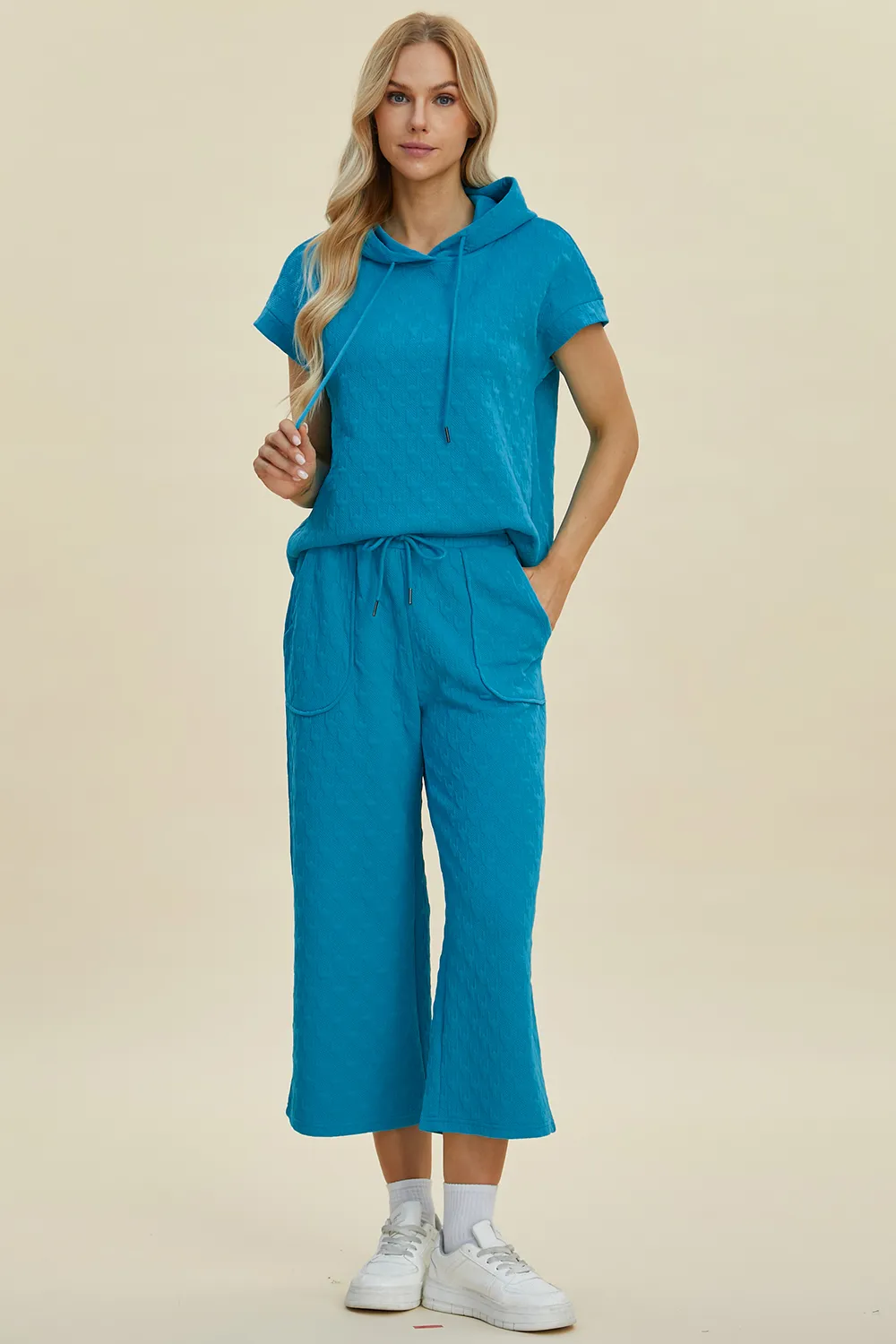 Full Size Texture Drawstring Short Sleeve Hoodie and Pocketed Pants Set, image 5