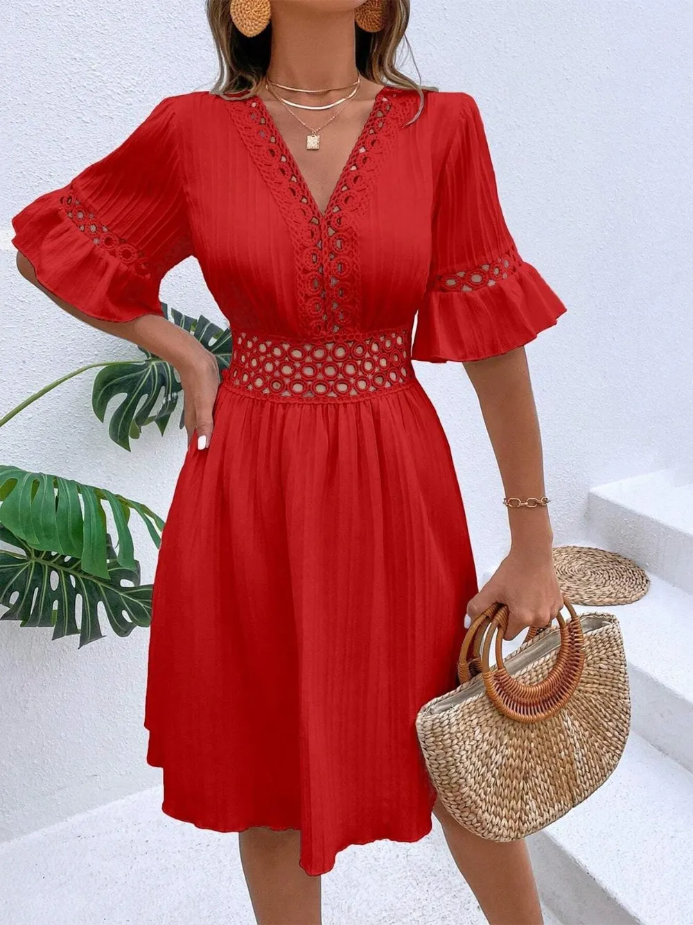 Cutout V-Neck Flounce Sleeve Mini Dress, image 15