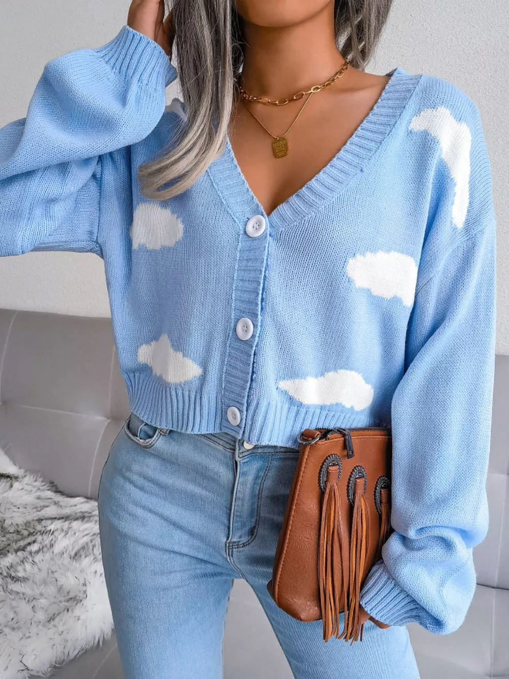 Cloud Pattern Button-Up Cropped Cardigan, image 16