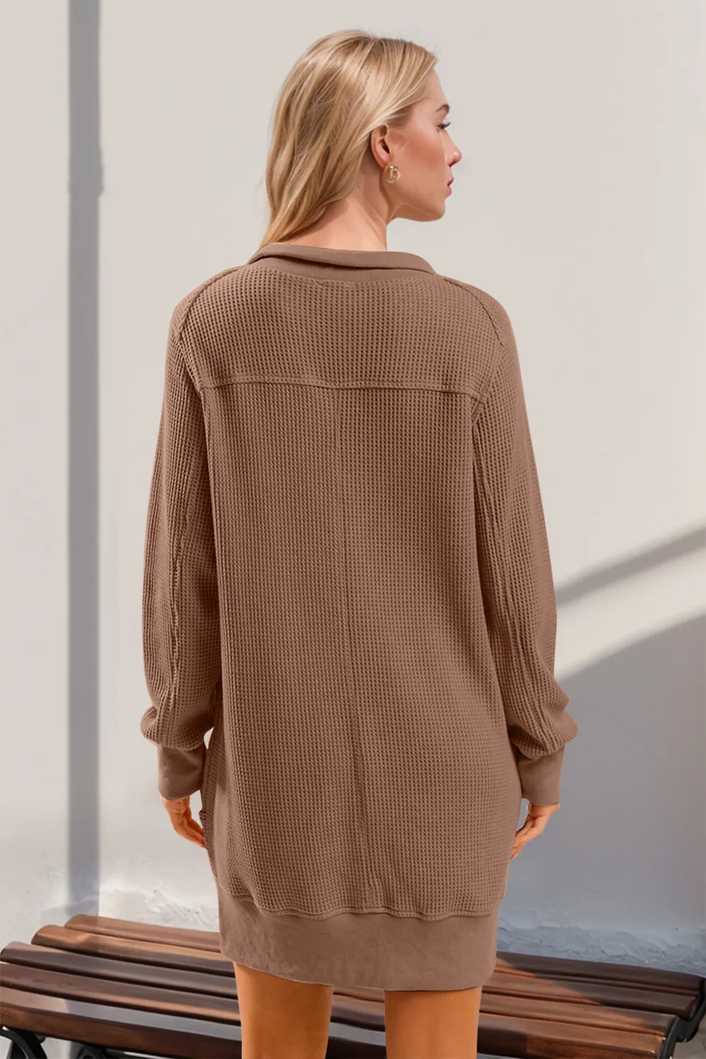 Waffle Long Sleeve Mini Dress with Pockets, image 2