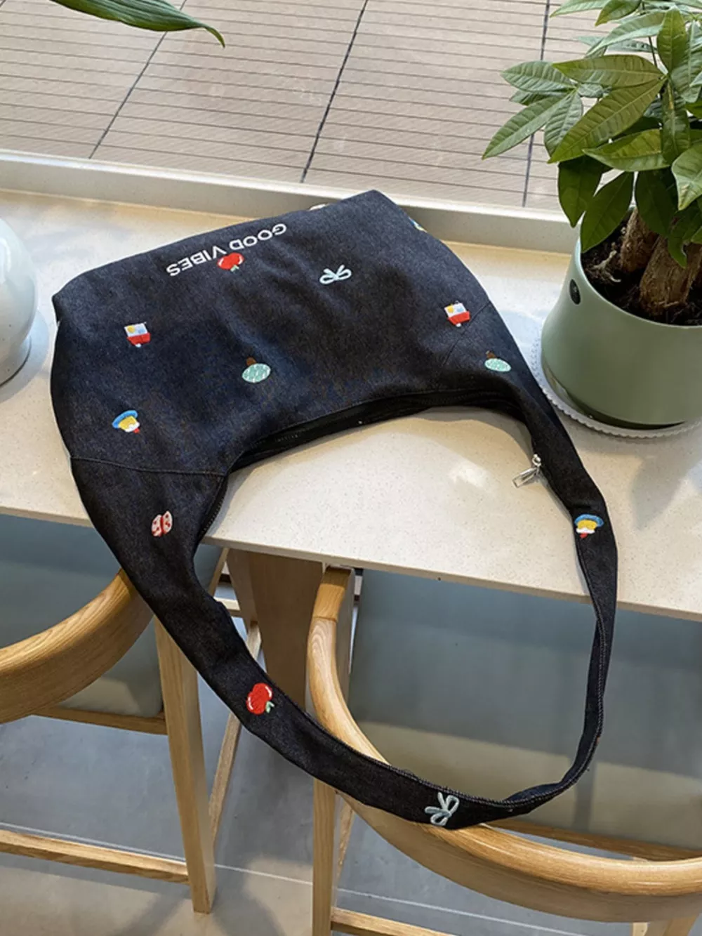 Embroidered Denim Crossbody Bag, image 4