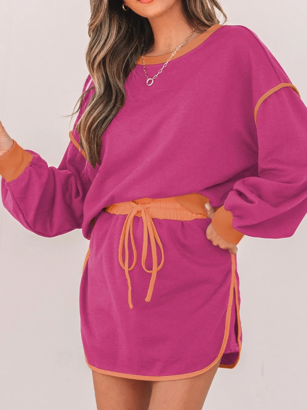 Contrast Trim Long Sleeve Top and Skort Set, image 9