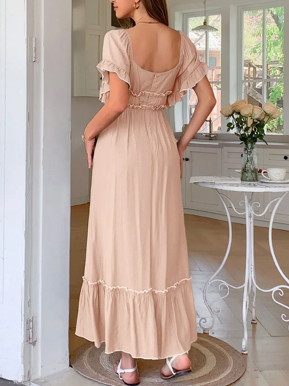 Square Neck Puff Sleeve Ruffle Trim Maxi Dress, image 6