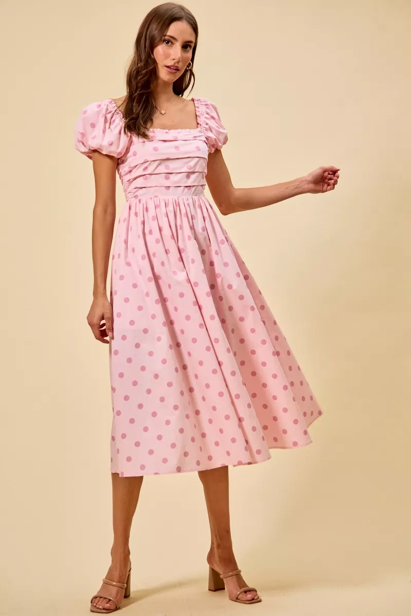Polka Cotton Print Short Sleeves Midi Dress, image 5
