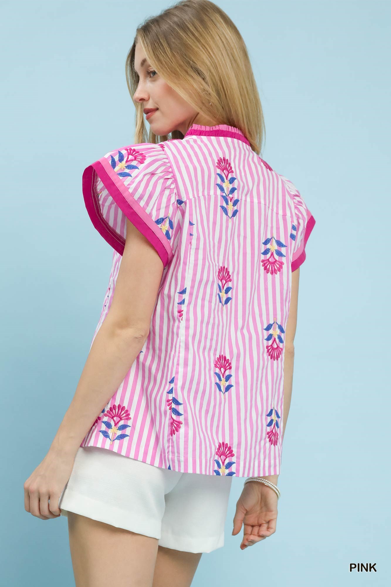 Embroidered Striped Flutter Sleeve Top, image 4