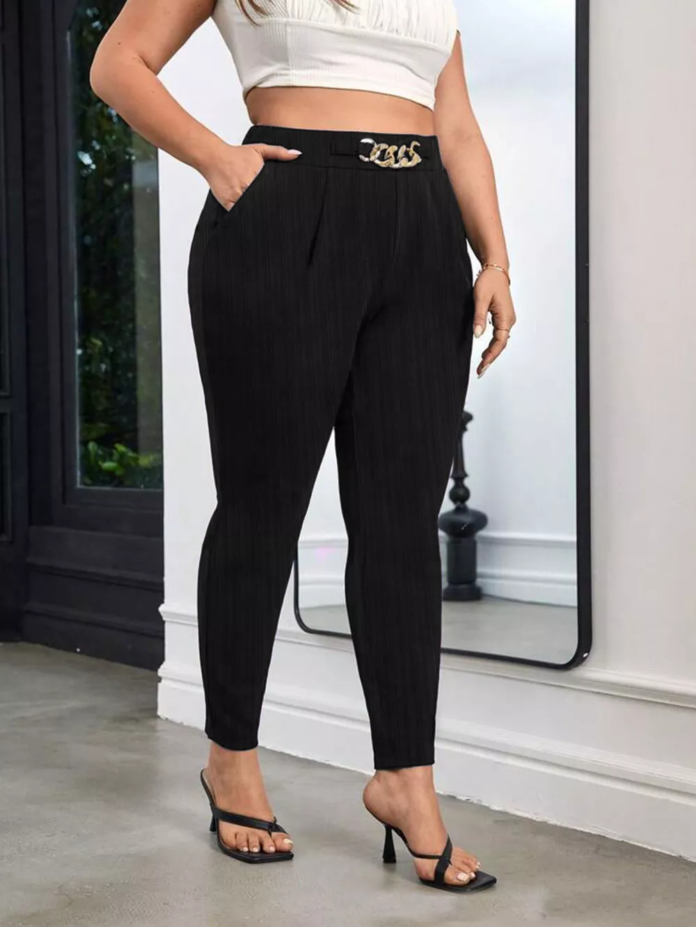Plus Size Elegant Chain Decor High Waist Skinny Pants